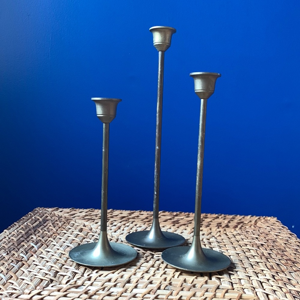 Vintage mid-century brass candlesticks. Set of 3